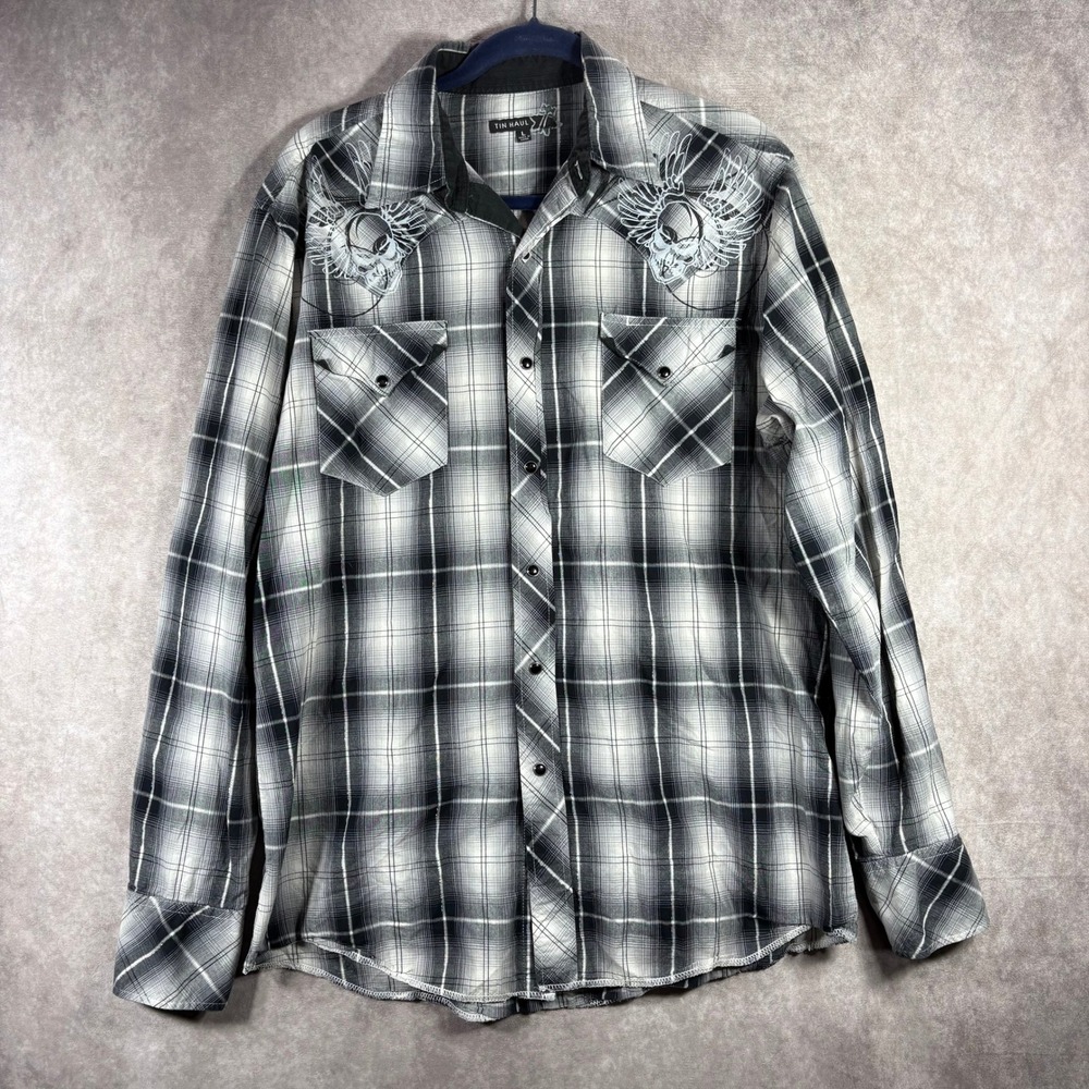 Tin Haul Shirt Men Large Black White Plaid Winged Skull Western Pearl Snap Lurex